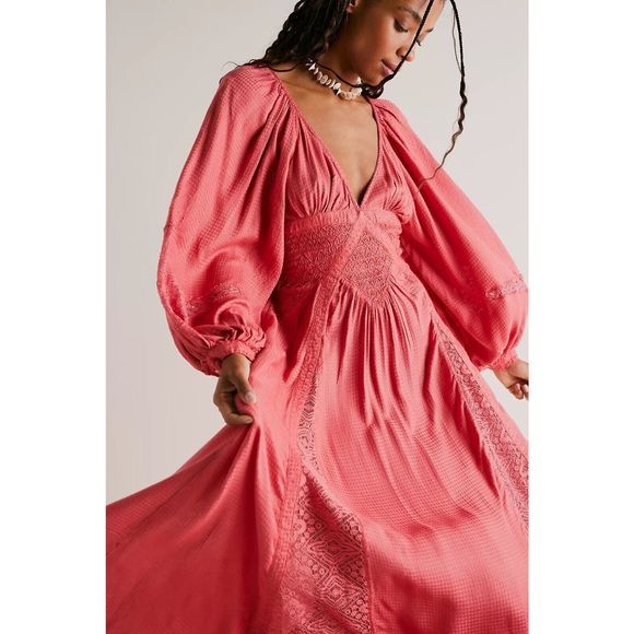NWT Free People Pink Red Chimes Southwest Lace Maxi Dress Sz Small - Picture 4 of 9